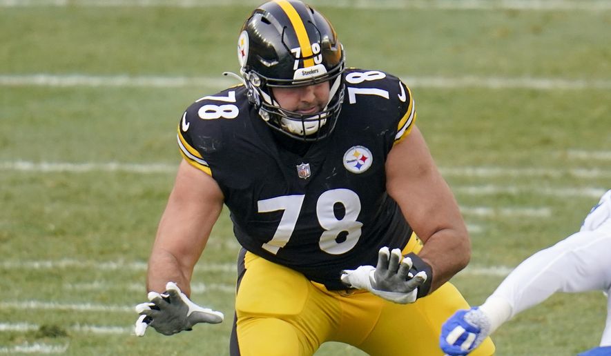 FILE - Pittsburgh Steelers offensive tackle Alejandro Villanueva (78) blocks during the first half of an NFL football game against the Indianapolis Colts in Pittsburgh, in this Sunday, Dec. 27, 2020, file photo. The Baltimore Ravens have signed two-time Pro Bowl tackle Alejandro Villanueva to a two-year deal, Tuesday, May 4, 2021. (AP Photo/Gene J. Puskar, File)