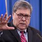 In this Dec. 21, 2020, photo, then-Attorney General William P. Barr speaks during a news conference at the Justice Department in Washington. (Michael Reynolds/Pool via AP) **FILE**