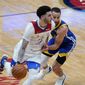 New Orleans Pelicans guard Lonzo Ball (2) drives past Golden State Warriors guard Stephen Curry in the second half of an NBA basketball game in New Orleans, Tuesday, May 4, 2021. The Pelicans won 108-103. (AP Photo/Gerald Herbert)
