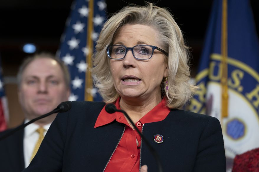 In this Feb. 13, 2019, photo, House Republican Conference chair Rep. Liz Cheney, R-Wyo., with House Minority Whip Steve Scalise, R-La., at right, talks to reporters during a news conference at the Capitol in Washington. (AP Photo/J. Scott Applewhite) **FILE**