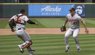 Baltimore Orioles starting pitcher John Means, right, celebrates with catcher Pedro Severino after Means threw a no-hitter baseball game against the Seattle Mariners, Wednesday, May 5, 2021, in Seattle. The Orioles won 6-0. (AP Photo/Ted S. Warren)