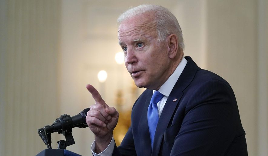 President Joe Biden gesturing as he takes questions from reporters as he speaks about the American Rescue Plan, in the State Dining Room of the White House, Wednesday, May 5, 2021, in Washington. (AP Photo/Evan Vucci) **FILE**