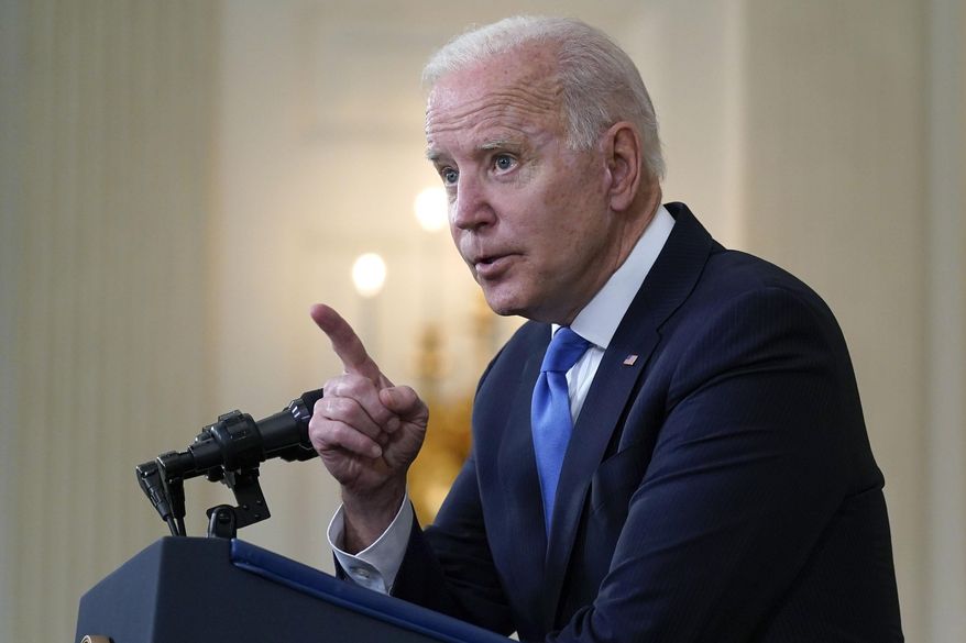 President Joe Biden gesturing as he takes questions from reporters as he speaks about the American Rescue Plan, in the State Dining Room of the White House, Wednesday, May 5, 2021, in Washington. (AP Photo/Evan Vucci) **FILE**