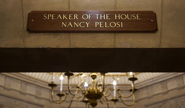 In this Jan.18, 2021 file photo, a view of the new sign marking the office for House Speaker Nancy Pelosi of Calif., from inside the U.S. Capitol in Washington. The new sign replaces the one that was destroyed when rioters stormed the Capitol. The Justice Department&#x27;s massive prosecution of those who stormed the U.S. Capitol on Jan. 6 has not been without its problems, including a potential instance of mistaken identity.  (AP Photo/Susan Walsh)