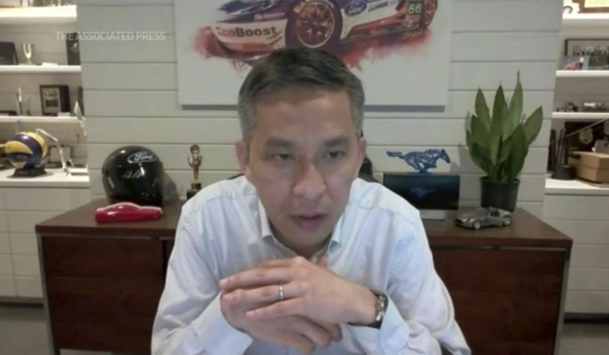 Ford Chief Product and Operations Officer Hau Thai-Tang is interviewed via Zoom on Monday, May 3 2021. Ford has raised its stake in a manufacturer of solid-state batteries — a move that its chief product and operations officer, Hau Thai-Tang, says will strengthen the company's effort to increase the range and reduce the costs of its next generation of electric vehicles. (AP Photo/Carrie Antlfinger)