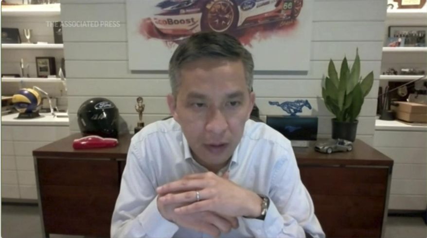 Ford Chief Product and Operations Officer Hau Thai-Tang is interviewed via Zoom on Monday, May 3 2021. Ford has raised its stake in a manufacturer of solid-state batteries — a move that its chief product and operations officer, Hau Thai-Tang, says will strengthen the company's effort to increase the range and reduce the costs of its next generation of electric vehicles. (AP Photo/Carrie Antlfinger)