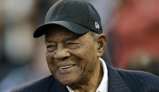 FILE - Baseball legend Willie Mays smiles prior to a game between the New York Mets and the San Francisco Giants in San Francisco, in this Friday, Aug. 19, 2016, file photo. On Thursday, May 6, 2021, Mays turns 90. (AP Photo/Ben Margot, File)
