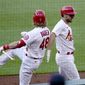 St. Louis Cardinals&#39; Paul DeJong, right, is congratulated by teammate Harrison Bader (48) after hitting a two-run home run during the fifth inning in the first game of a baseball doubleheader against the New York Mets Wednesday, May 5, 2021, in St. Louis. (AP Photo/Jeff Roberson)