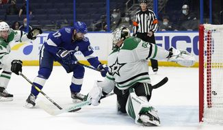 Tampa Bay Lightning left wing Alex Killorn (17) shoots past Dallas Stars goaltender Jake Oettinger (29) for a goal during the second period of an NHL hockey game Wednesday, May 5, 2021, in Tampa, Fla. (AP Photo/Chris O&#39;Meara)