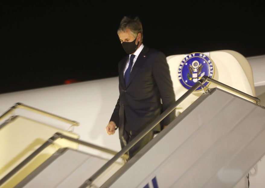 U.S. Secretary of State Antony Blinken disembarks after landing at Boryspil International airport outside Kyiv, Ukraine, early Thursday, May 6, 2021. (AP Photo/Efrem Lukatsky, Pool)