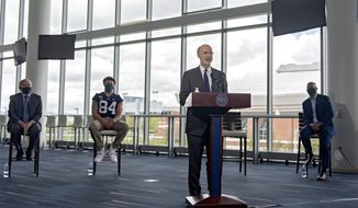 Pennsylvania Gov. Tom Wolf speaks about the importance of Pennsylvanians getting the coronavirus vaccine during a visit to Penn State&#39;s Pegula Ice Arena, Wednesday, May 5, 2021,  in State College, Pa. (Abby Drey/Centre Daily Times via AP)