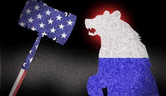 Illustration on court-based remedies against Putin&#39;s and Russia&#39;s misbehavior by Alexander Hunter/The Washington Times