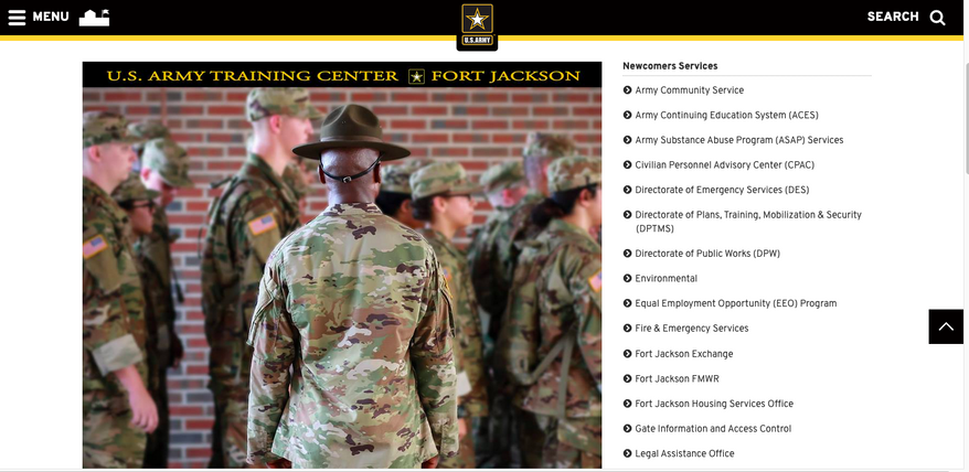 Screen capture taken May 6, 2021, from the website for the U.S. Army installation Fort Jackson, S.C. (https://home.army.mil/jackson/index.php/my-fort/newcomers)
