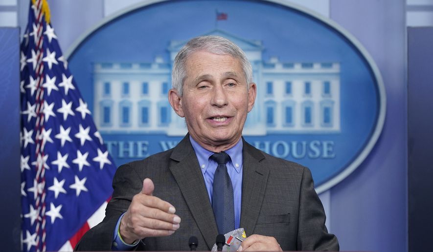In this April 13, 2021, file photo, Dr. Anthony Fauci, director of the National Institute of Allergy and Infectious Diseases, speaks during a press briefing at the White House, in Washington. (AP Photo/Patrick Semansky, file)