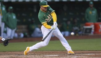 Oakland Athletics&#39; Matt Chapman hits a solo home run against the Toronto Blue Jays during the fourth inning of a baseball game in Oakland, Calif., Wednesday, May 5, 2021. (AP Photo/Jed Jacobsohn)