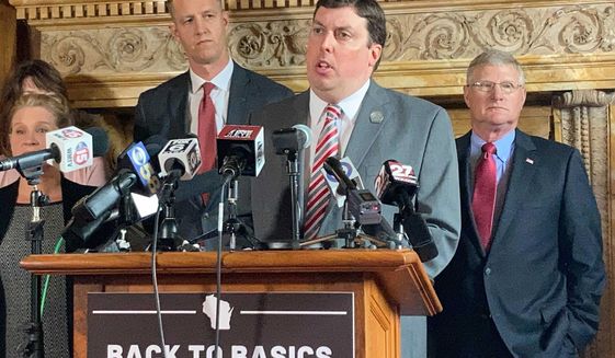 State Rep. Mark Born, co-chair of the Legislature&#39;s budget committee, defends cutting hundreds of Gov. Tony Evers proposals, calling them unrealistic during a news conference at the state Capitol Thursday, May 6, 2021, in Madison, Wis. (AP Photo/Scott Bauer)