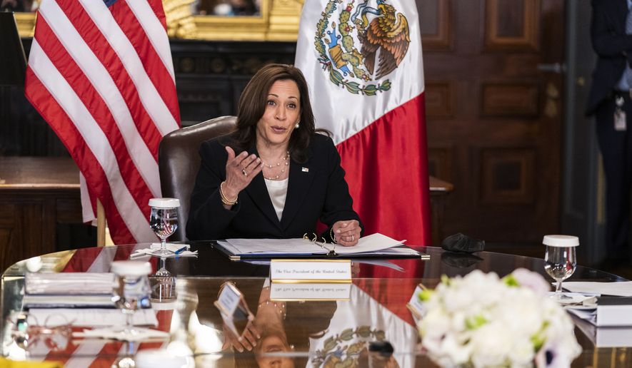 Vice President Kamala Harris speaks during a virtual meeting with Mexican President Andres Manuel Lopez Obrador at the Eisenhower Executive Office Building on the White House complex in Washington on Friday, May 7, 2021. (AP Photo/Manuel Balce Ceneta)
