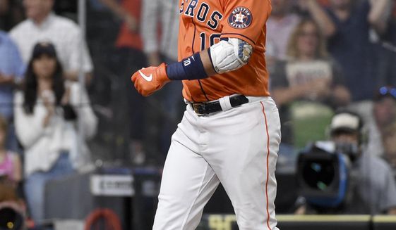 Houston Astros&#x27; Yuli Gurriel celebrates after his two-run home run during the fifth inning of baseball game against the Toronto Blue Jays, Friday, May 7, 2021, in Houston. (AP Photo/Eric Christian Smith)