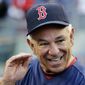 FILE — In this Oct. 1, 2012 file photo, then Boston Red Sox manager Bobby Valentine gestures as he talks to reporters on the field before their baseball game against the New York Yankees at Yankee Stadium, in New York. Valentine, 70, is entering politics, announcing Friday, May 7, 2021 that he is running for mayor of Stamford, Conn. (AP Photo/Kathy Willens, File)