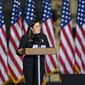 In this Jan. 17, 2021, file photo  Rep. Elise Stefanik, R-N.Y., introduces Vice President Mike Pence and second lady Karen Pence to speak to Army 10th Mountain Division soldiers in Fort Drum, N.Y.  (AP Photo/Adrian Kraus, File)  **FILE**