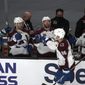 Colorado Avalanche right wing Mikko Rantanen (96) celebrates his goal with teammates on the bench during the first period of an NHL hockey game against the Los Angeles Kings Friday, May 7, 2021, in Los Angeles. (AP Photo/Marcio Jose Sanchez)