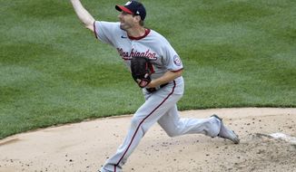 Washington Nationals starting pitcher Max Scherzer throws during the third inning of a baseball game against the New York Yankees, Saturday, May 8, 2021, at Yankee Stadium in New York. (AP Photo/Bill Kostroun)