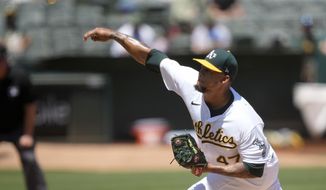 Oakland Athletics starting pitcher Frankie Montas throws against the Tampa Bay Rays during the first inning of a baseball game Saturday, May 8, 2021, in Oakland, Calif. (AP Photo/Tony Avelar)