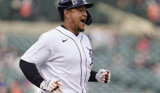 Detroit Tigers&#39; Miguel Cabrera reacts hitting a one-run single against the Minnesota Twins in the seventh inning of a baseball game in Detroit, Saturday, May 8, 2021. (AP Photo/Paul Sancya)