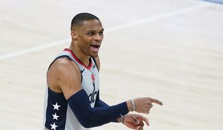 Washington Wizards&#39; Russell Westbrook shouts instructions during the first half of the team&#39;s NBA basketball game against the Indiana Pacers, Saturday, May 8, 2021, in Indianapolis. (AP Photo/Darron Cummings) **FILE**