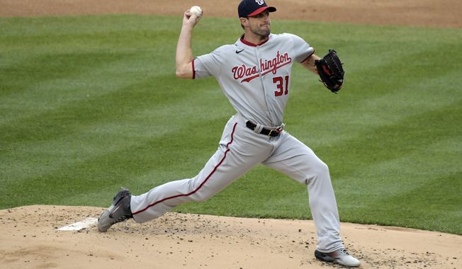 Washington Nationals starting pitcher Max Scherzer delivers the ball to the New York Yankees during the first inning of a baseball game Saturday, May 8, 2021, at Yankee Stadium in New York. (AP Photo/Bill Kostroun)