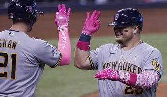 Milwaukee Brewers&#39; Daniel Vogelbach (20) signals to Travis Shaw (21) after hitting a solo home run in the fourth inning of a baseball game against the Miami Marlins, Sunday, May 9, 2021, in Miami. (AP Photo/Marta Lavandier)