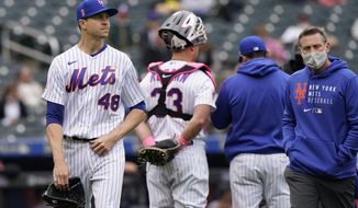 New York Mets starting pitcher Jacob deGrom (48) leaves the mound during the sixth inning of a baseball game against the Arizona Diamondbacks, Sunday, May 9, 2021, in New York. (AP Photo/Kathy Willens)