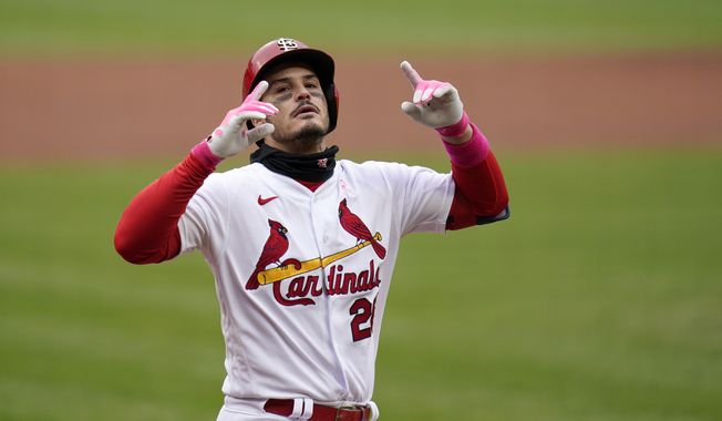 St. Louis Cardinals&#x27; Nolan Arenado celebrates after hitting a solo home run during the second inning of a baseball game against the Colorado Rockies Sunday, May 9, 2021, in St. Louis. (AP Photo/Jeff Roberson)