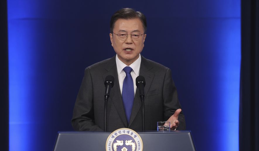South Korean President Moon Jae-in speaks at the presidential Blue House in Seoul, South Korea, Monday, May 10, 2021. South Korea&#39;s leader said Monday he&#39;ll use his upcoming summit with President Joe Biden to push to restart diplomacy with North Korea, saying that Biden favors a diplomatic, phased approach to resolve the North Korean nuclear crisis. (Choi Jae-gu/Yonhap via AP)
