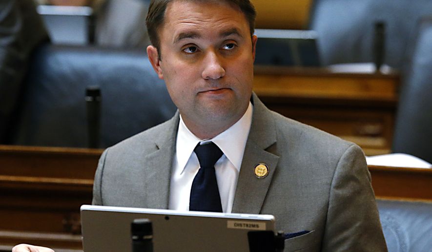 Del. Jason Miyares, R-VA Beach, listens to debate during the floor session of the House of Delegates at the State Capitol in Richmond, Va., Monday, Feb. 12, 2018. The Republican Party of Virginia announced late Sunday, May 9, 2021,  that state Miyares has won its nomination for attorney general, as the party works to tabulate the votes for several state offices cast by tens of thousands of Virginia Republicans. (Bob Brown/Richmond Times-Dispatch via AP)