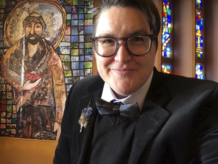 This undated selfie photo provided in May 2021 shows the Rev. Megan Rohrer, who was elected bishop of the Evangelical Lutheran Church in America's Sierra Pacific synod on Saturday, May 8, 2021, becoming the first transgender person to serve as bishop in the denomination or in any of the U.S.' major Christian faiths. (Meghan Rohrer via AP)