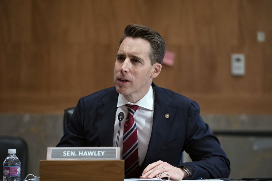 Sen. Josh Hawley, R-Mo., speaks during a Senate Homeland Security and Governmental Affairs Committee hearing to examine improving Federal cybersecurity, Tuesday, May 11, 2021, on Capitol Hill in Washington. Simon &amp; Schuster had canceled the publication of Mr. Hawley&#39;s book “The Tyranny of Big Tech,&quot; and he had to find another publisher. (Tasos Katopodis/Pool via AP) **FILE**