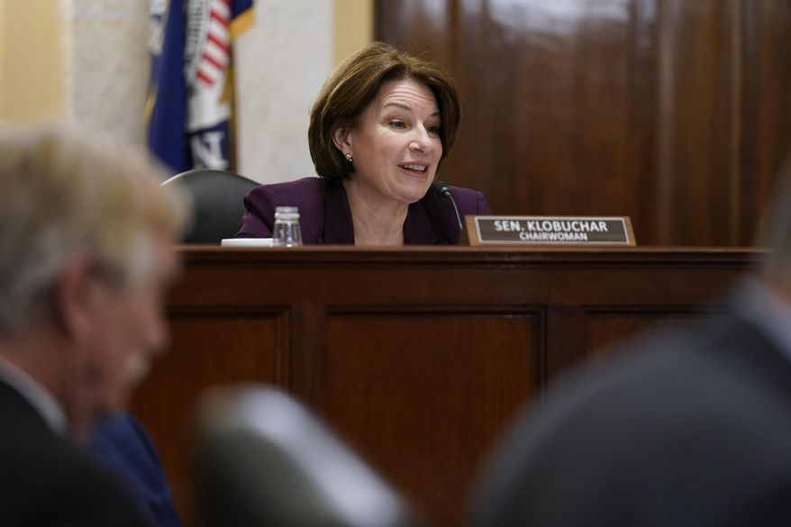 Senate Rules Committee Chair Amy Klobuchar, D-Minn., presides over a markup of the &amp;quot;For the People Act,&amp;quot; which would expand access to voting and other voting reforms, at the Capitol in Washington, Tuesday, May 11, 2021. The bill was already passed by Democrats in the House. (AP Photo/J. Scott Applewhite)