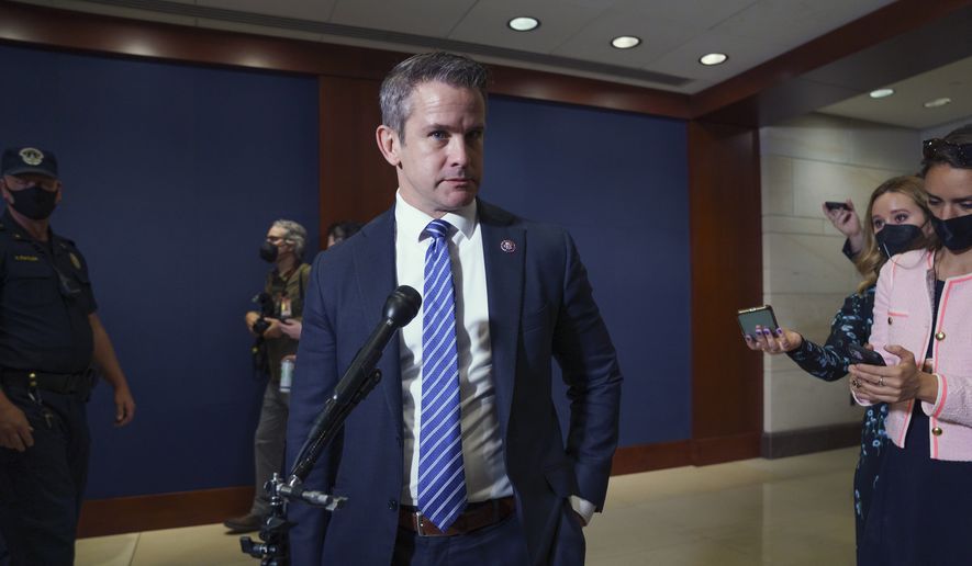 In this file photo, Rep. Adam Kinzinger, R-Ill., speaks to reporters in Washington, Wednesday, May 12, 2021. Mr. Kinzinger is among a minority of House Republicans on the record supporting the $1.2 trillion infrastructure bill on Capitol Hill that is supported by the U.S. Chamber of Commerce.  (AP Photo/J. Scott Applewhite) ** FILE **