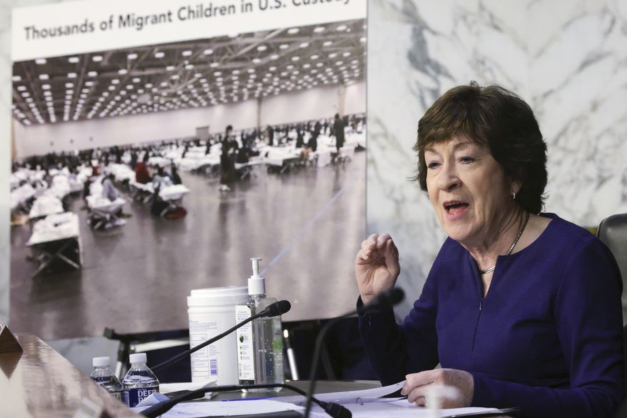 Sen. Susan Collins, R-Maine, speaks during a Senate Appropriations committee hearing to examine domestic extremism, Wednesday, May 12, 2021 on Capitol Hill in Washington. (Alex Wong/Pool via AP) **FILE**