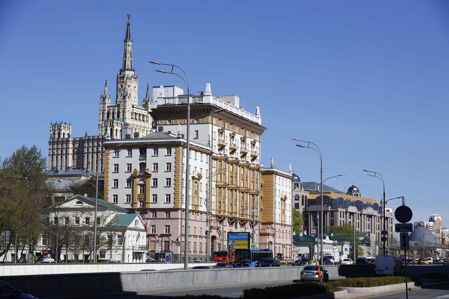 The U.S. Embassy, center, is seen in Moscow, Russia, Tuesday, May 11, 2021. (AP Photo/Alexander Zemlianichenko)