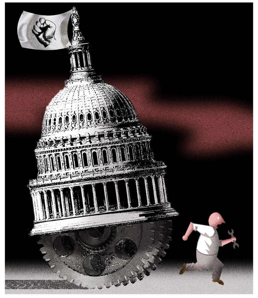 Illustration on the PRO act and business by Alexander Hunter/The Washington times