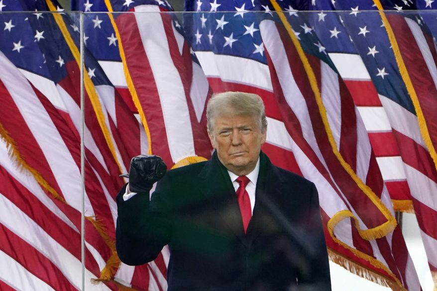 In this Jan. 6, 2021, file photo, President Donald Trump gestures as he arrives to speak at a rally in Washington. (AP Photo/Jacquelyn Martin, File)  ** FILE **