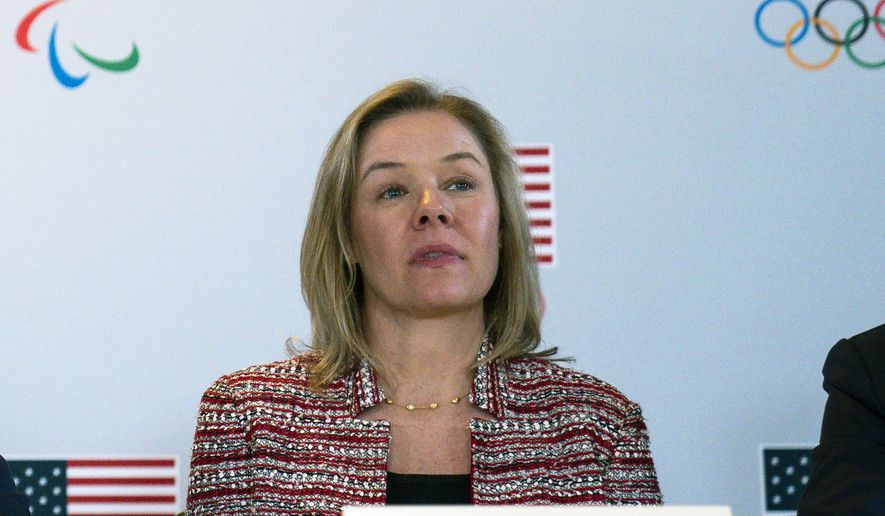 In this Feb. 18, 2020, file photo, United States Olympic and Paralympic Committee CEO Sarah Hirshland listens during a briefing with the U.S. Olympic and Paralympic Committee and Los Angeles 2028 organizers in Beverly Hills, Calif. A boycott of next year&#39;s Beijing Olympics will not solve any geopolitical issues with China and will only serve to place athletes training for the games under a “cloud of uncertainty,” according to a letter, Hirshland, the head of the U.S. Olympic and Paralympic Committee, wrote to Congress on Thursday, May 13, 2021. Her letter specifically addressed those who believe a boycott of the Winter Games next February would serve as an effective diplomatic tool to protest China&#39;s alleged abuses toward Uyghurs, Tibetans and Hong Kong residents.  (AP Photo/Evan Vucci, File) **FILE**