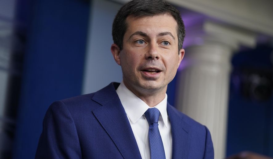 Secretary of Transportation Secretary Pete Buttigieg speaks during a press briefing at the White House, Wednesday, May 12, 2021, in Washington. (AP Photo/Evan Vucci)