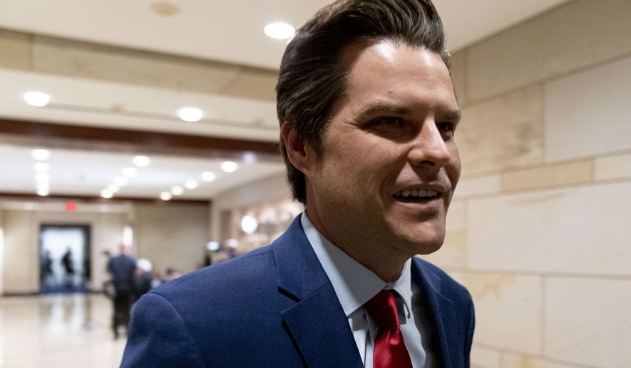 Rep. Matt Gaetz, R-Fla., arrives as the House Republican Conference meets to elect a new chairman to replace Rep. Liz Cheney, R-Wyo., who was ousted from the GOP leadership for her criticism of former President Donald Trump, at the Capitol in Washington, Friday, May 14, 2021. (AP Photo/Andrew Harnik) ** FILE **