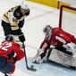 Boston Bruins right wing David Pastrnak (88) shoots but has his shot blocked by Washington Capitals goaltender Vitek Vanecek (41) during the first period of Game 1 of an NHL hockey Stanley Cup first-round playoff series Saturday, May 15, 2021, in Washington. (AP Photo/Alex Brandon)