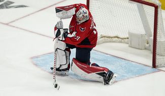 Washington Capitals goaltender Craig Anderson (31) in action during the second period of Game 1 of an NHL hockey Stanley Cup first-round playoff series against the Boston Bruins, Saturday, May 15, 2021, in Washington. (AP Photo/Alex Brandon)