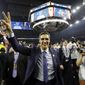 Villanova head coach Jay Wright celebrates after the NCAA Final Four tournament college basketball championship game against North Carolina, Monday, April 4, 2016, in Houston. Wright is among those announced Sunday, May 16, 2021 as the 2021 class for the Naismith Memorial Basketball Hall of Fame. (AP Photo/David J. Phillip, file) **FILE**