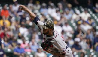 Atlanta Braves starting pitcher Huascar Ynoa throws during the first inning of a baseball game against the Milwaukee Brewers Sunday, May 16, 2021, in Milwaukee. (AP Photo/Morry Gash) **FILE**
